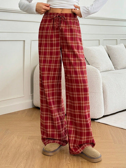 Tall Women's Red Checked Plaid Drawstring Straight-Leg Loose Casual Pants,Winter Home Back-To-School Christmas Pajamas,Holiday Wide-Leg New Year Clothing, Tall Women