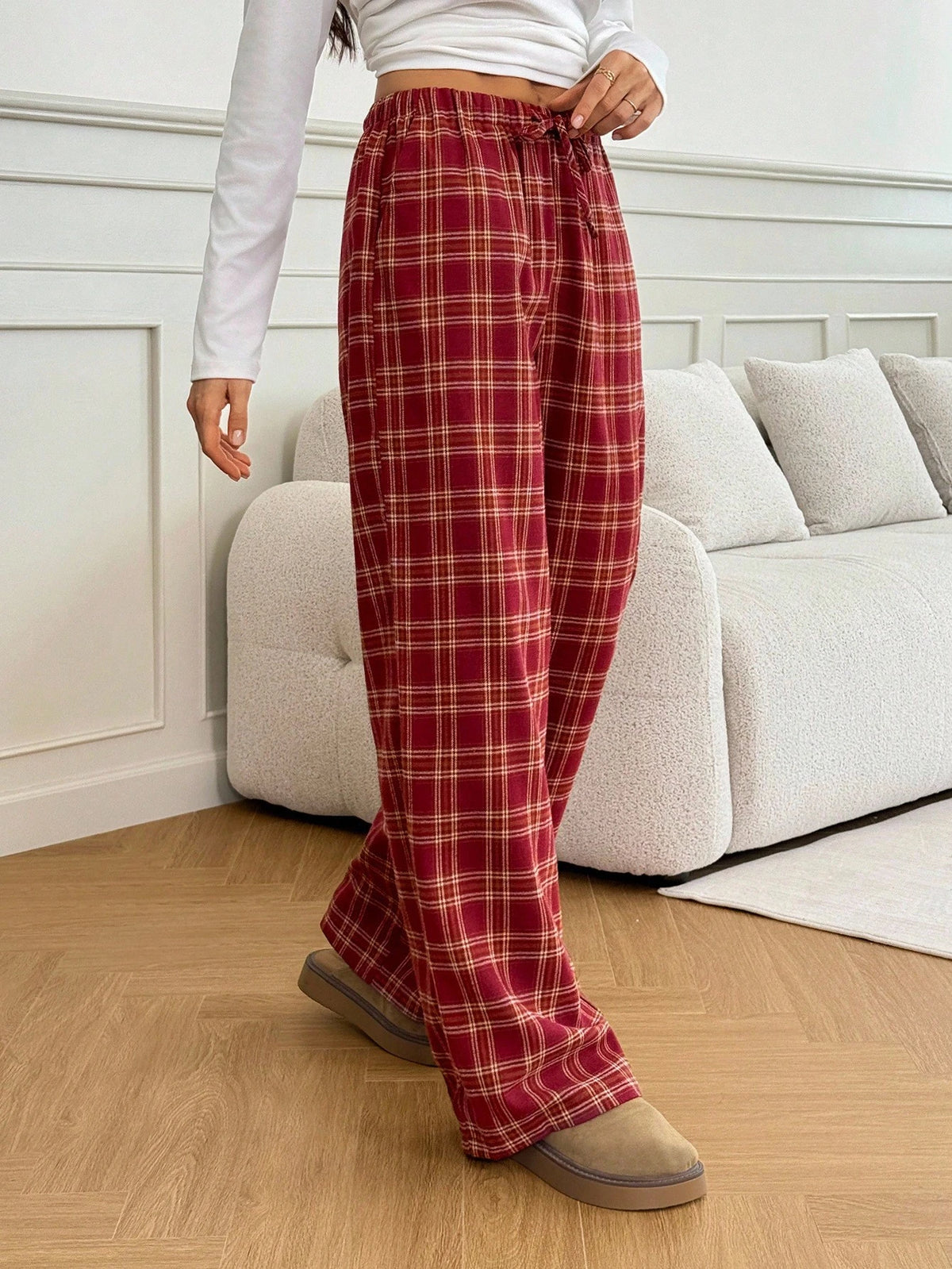 Tall Women's Red Checked Plaid Drawstring Straight-Leg Loose Casual Pants,Winter Home Back-To-School Christmas Pajamas,Holiday Wide-Leg New Year Clothing, Tall Women