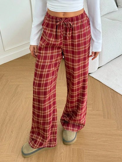 Tall Women's Red Checked Plaid Drawstring Straight-Leg Loose Casual Pants,Winter Home Back-To-School Christmas Pajamas,Holiday Wide-Leg New Year Clothing, Tall Women