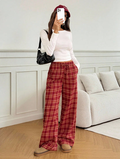 Tall Women's Red Checked Plaid Drawstring Straight-Leg Loose Casual Pants,Winter Home Back-To-School Christmas Pajamas,Holiday Wide-Leg New Year Clothing, Tall Women