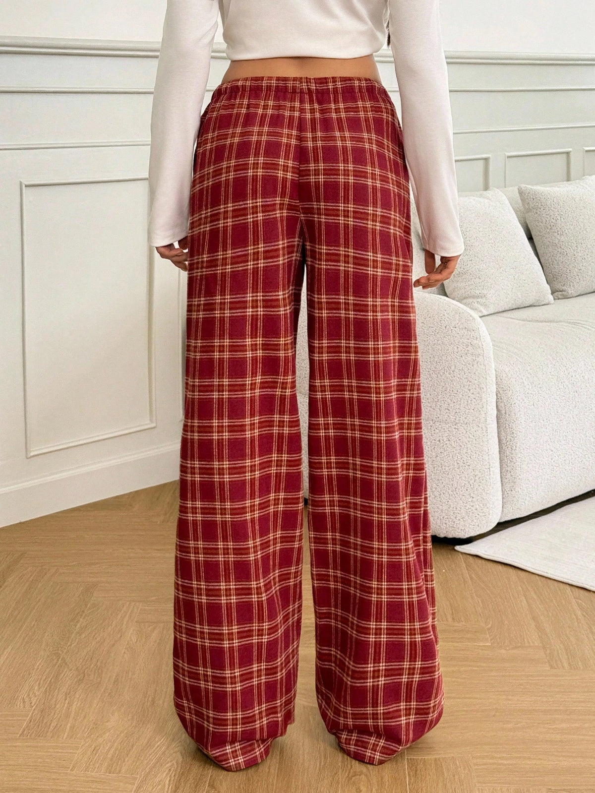 Tall Women's Red Checked Plaid Drawstring Straight-Leg Loose Casual Pants,Winter Home Back-To-School Christmas Pajamas,Holiday Wide-Leg New Year Clothing, Tall Women