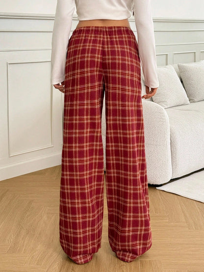 Tall Women's Red Checked Plaid Drawstring Straight-Leg Loose Casual Pants,Winter Home Back-To-School Christmas Pajamas,Holiday Wide-Leg New Year Clothing, Tall Women