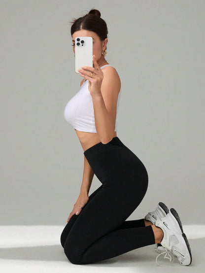 Tall Women's Solid Color High Waist Casual Athletic Skinny Pants, Tall Women Gym Black Autumn