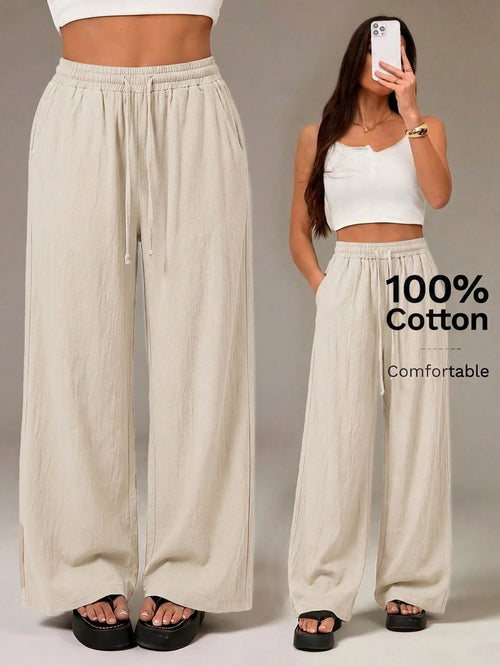Tall Women's Summer Country Concert Going Out Beach Outfits Boho Basic Minimalist Washed 100%Cotton White Pants Curved Hem Pants, Tall Women