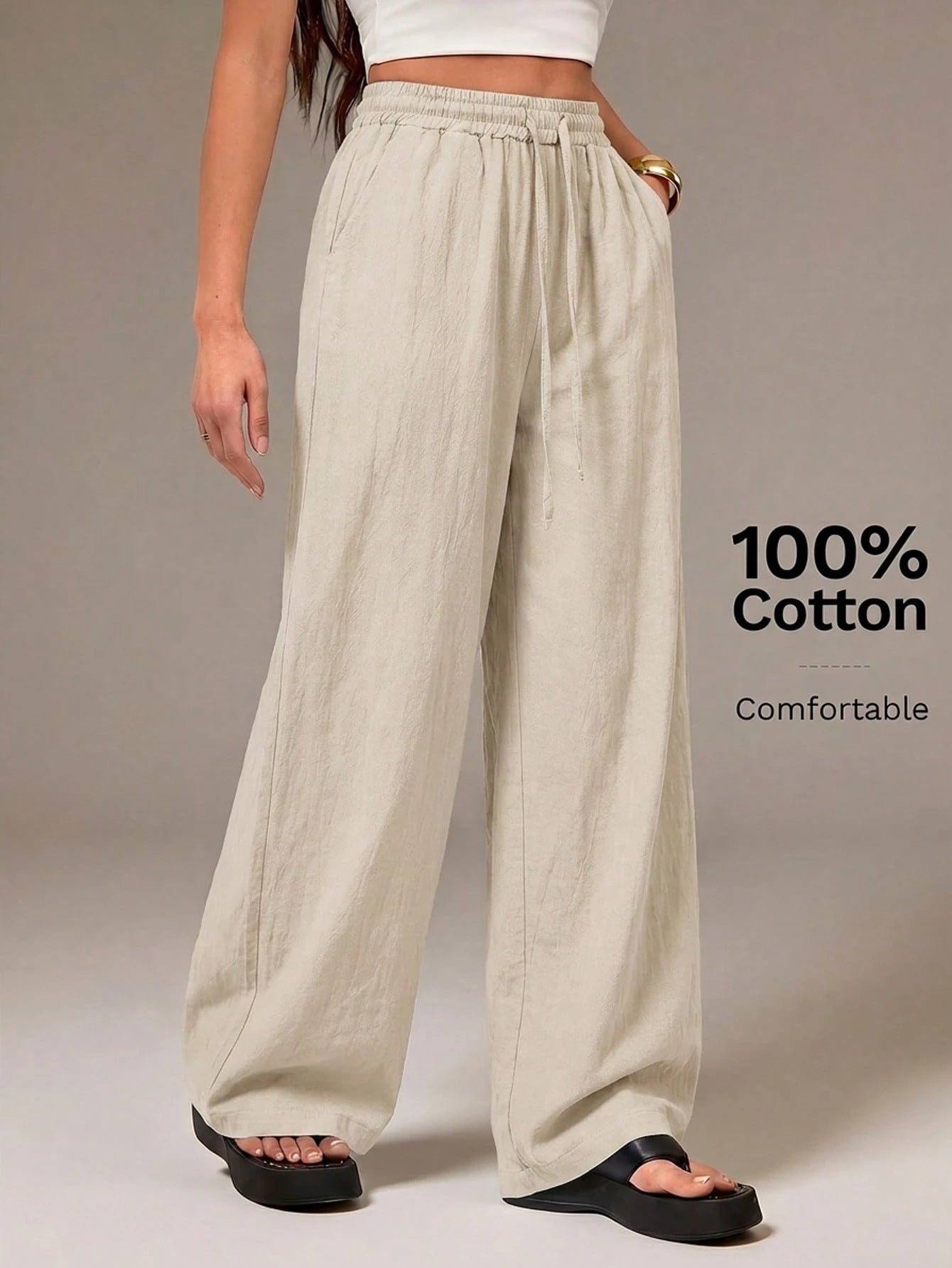 Tall Women's Summer Country Concert Going Out Beach Outfits Boho Basic Minimalist Washed 100%Cotton White Pants Curved Hem Pants, Tall Women