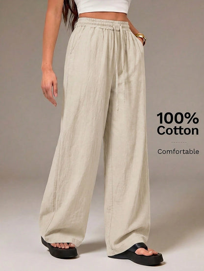 Tall Women's Summer Country Concert Going Out Beach Outfits Boho Basic Minimalist Washed 100%Cotton White Pants Curved Hem Pants, Tall Women