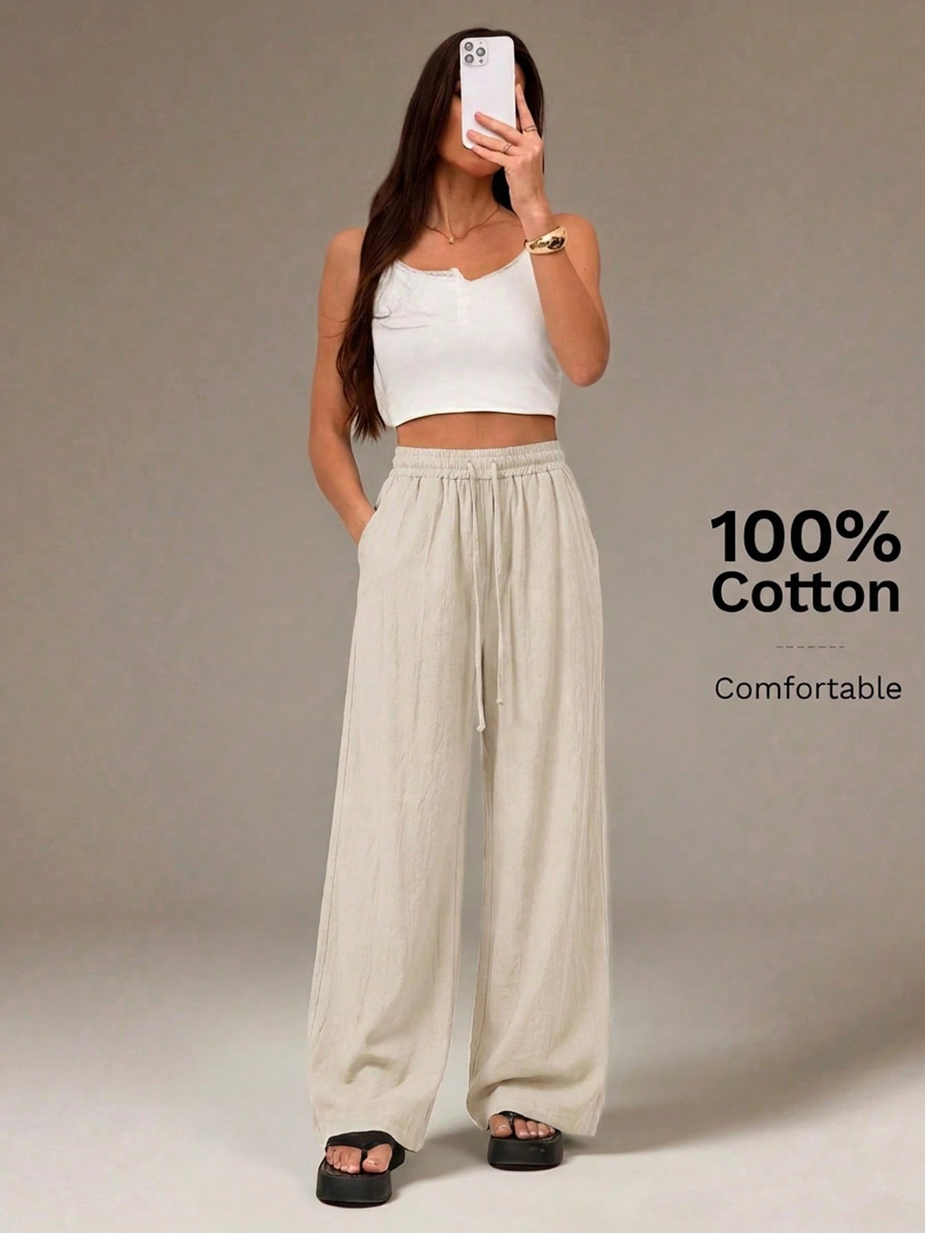 Tall Women's Summer Country Concert Going Out Beach Outfits Boho Basic Minimalist Washed 100%Cotton White Pants Curved Hem Pants, Tall Women
