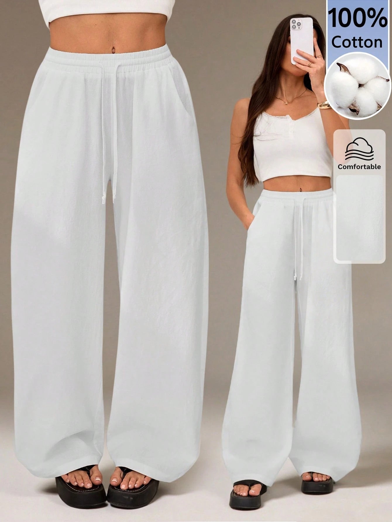 Tall Women's Summer Country Concert Going Out Beach Outfits Boho Basic Minimalist Washed 100%Cotton White Pants Curved Hem Pants, Tall Women