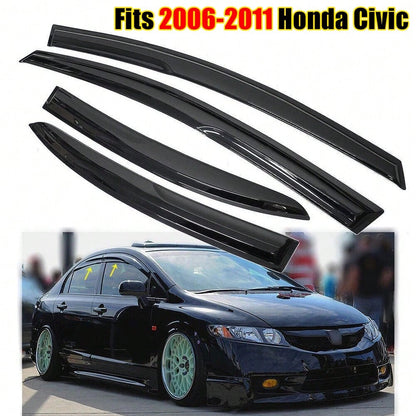 Tape On Window Visor Compatible With 2006-2011 H-Onda Civic Sedan Only, Slim Style Acrylic Smoke Tinted Sun Rain Wind Guards Shield Vent Wind Deflector