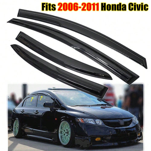 Tape On Window Visor Compatible With 2006-2011 H-Onda Civic Sedan Only, Slim Style Acrylic Smoke Tinted Sun Rain Wind Guards Shield Vent Wind Deflector