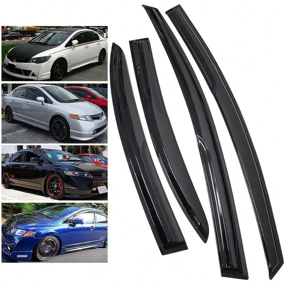 Tape On Window Visor Compatible With 2006-2011 H-Onda Civic Sedan Only, Slim Style Acrylic Smoke Tinted Sun Rain Wind Guards Shield Vent Wind Deflector