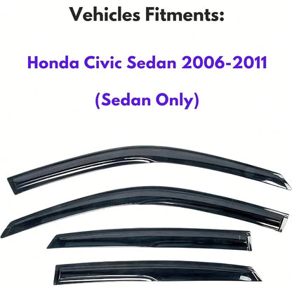 Tape On Window Visor Compatible With 2006-2011 H-Onda Civic Sedan Only, Slim Style Acrylic Smoke Tinted Sun Rain Wind Guards Shield Vent Wind Deflector