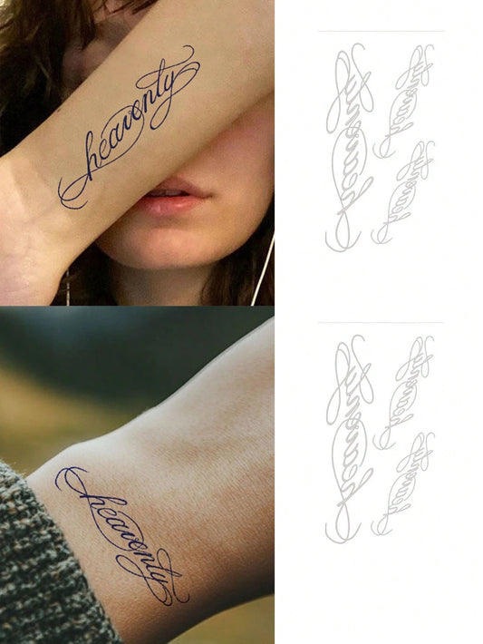 Tattoo Stickers, 2 Sheets/Set, Vintage Cursive English "Heavenly" Text Body Art Temporary Tattoo Stickers, Matte Long-Lasting Non-Permanent Stickers, Color Appears After 24 Hours, Lasts 7-14 Days, Per