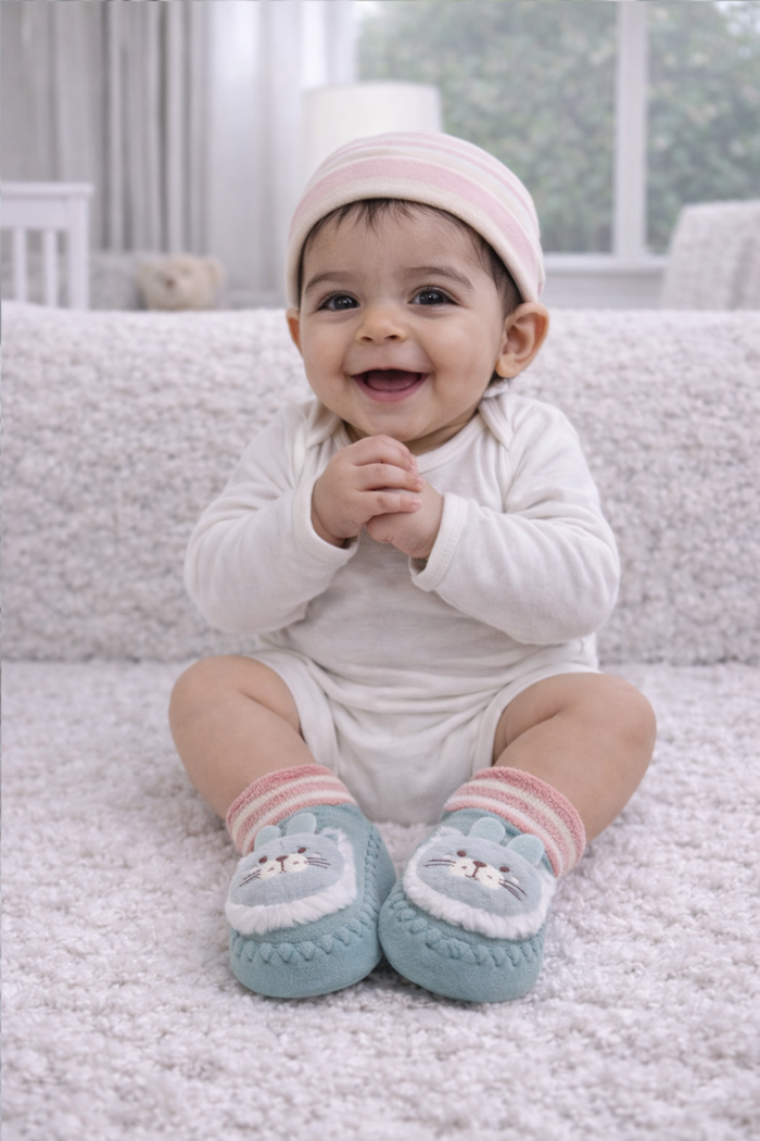 Teal Kitty- Baby Sock Shoes for Infants Babies - 6 to 18 Months