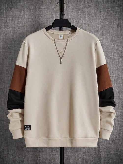 Teen Boy Casual Fit Colorblock Long Sleeve Sweatshirt With Patched Sleeves, Suitable For Spring, Summer, Autumn, Winter, Home, College