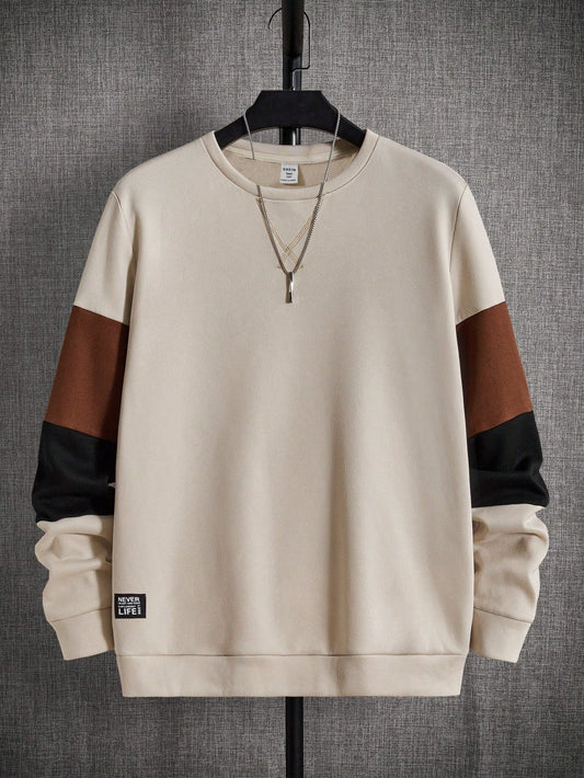 Teen Boy Casual Fit Colorblock Long Sleeve Sweatshirt With Patched Sleeves, Suitable For Spring, Summer, Autumn, Winter, Home, College
