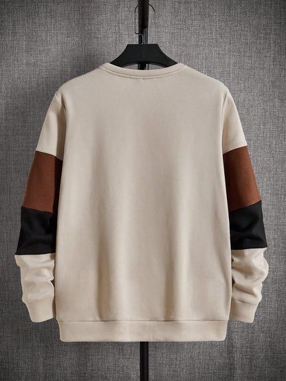 Teen Boy Casual Fit Colorblock Long Sleeve Sweatshirt With Patched Sleeves, Suitable For Spring, Summer, Autumn, Winter, Home, College