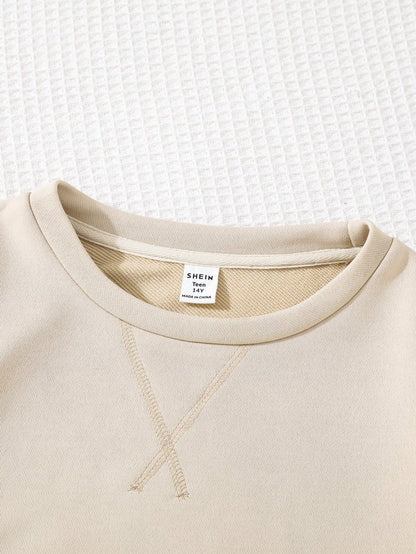 Teen Boy Casual Fit Colorblock Long Sleeve Sweatshirt With Patched Sleeves, Suitable For Spring, Summer, Autumn, Winter, Home, College