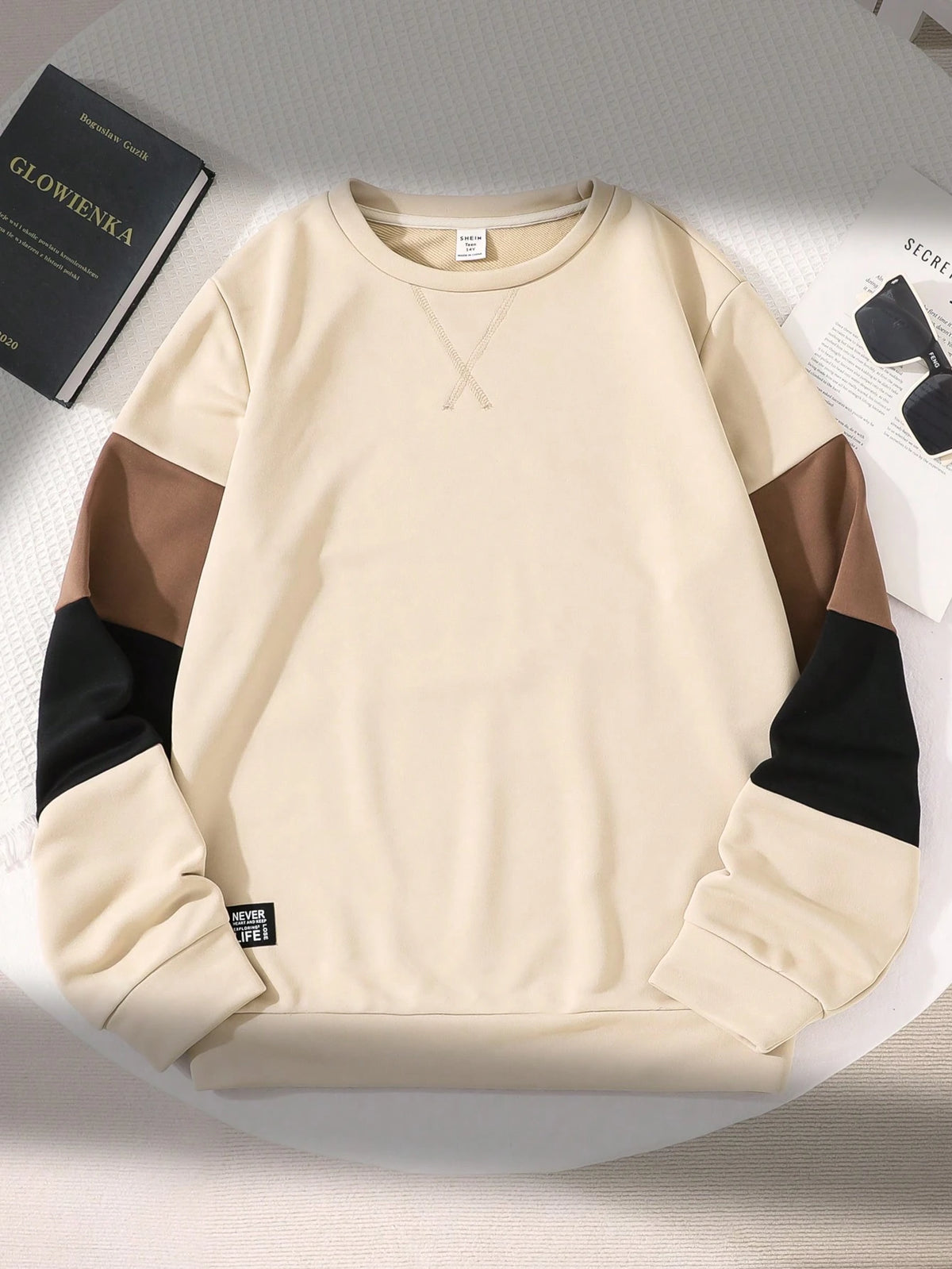 Teen Boy Casual Fit Colorblock Long Sleeve Sweatshirt With Patched Sleeves, Suitable For Spring, Summer, Autumn, Winter, Home, College