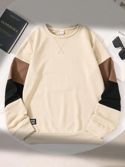 Teen Boy Casual Fit Colorblock Long Sleeve Sweatshirt With Patched Sleeves, Suitable For Spring, Summer, Autumn, Winter, Home, College