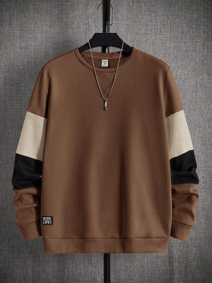 Teen Boy Casual Fit Colorblock Long Sleeve Sweatshirt With Patched Sleeves, Suitable For Spring, Summer, Autumn, Winter, Home, College