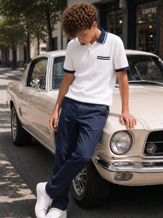 Teen Boys 2 Pieces Outfit, Short Sleeve Polo With All-Over 3D Cable Knit Texture, Ribbed Collar Cuffs, Pocket, Navy Blue Straight Leg Pants, Summer