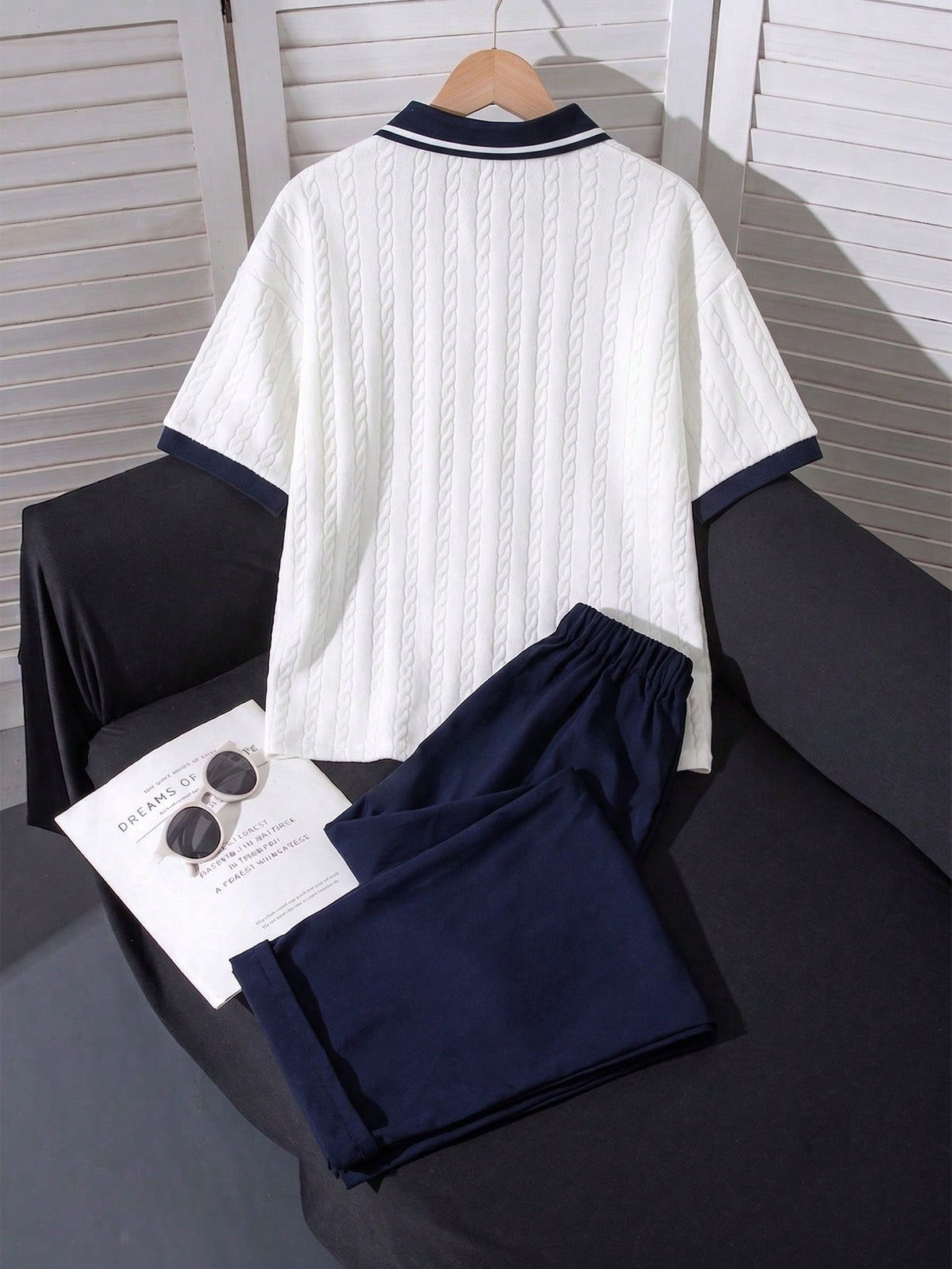 Teen Boys 2 Pieces Outfit, Short Sleeve Polo With All-Over 3D Cable Knit Texture, Ribbed Collar Cuffs, Pocket, Navy Blue Straight Leg Pants, Summer
