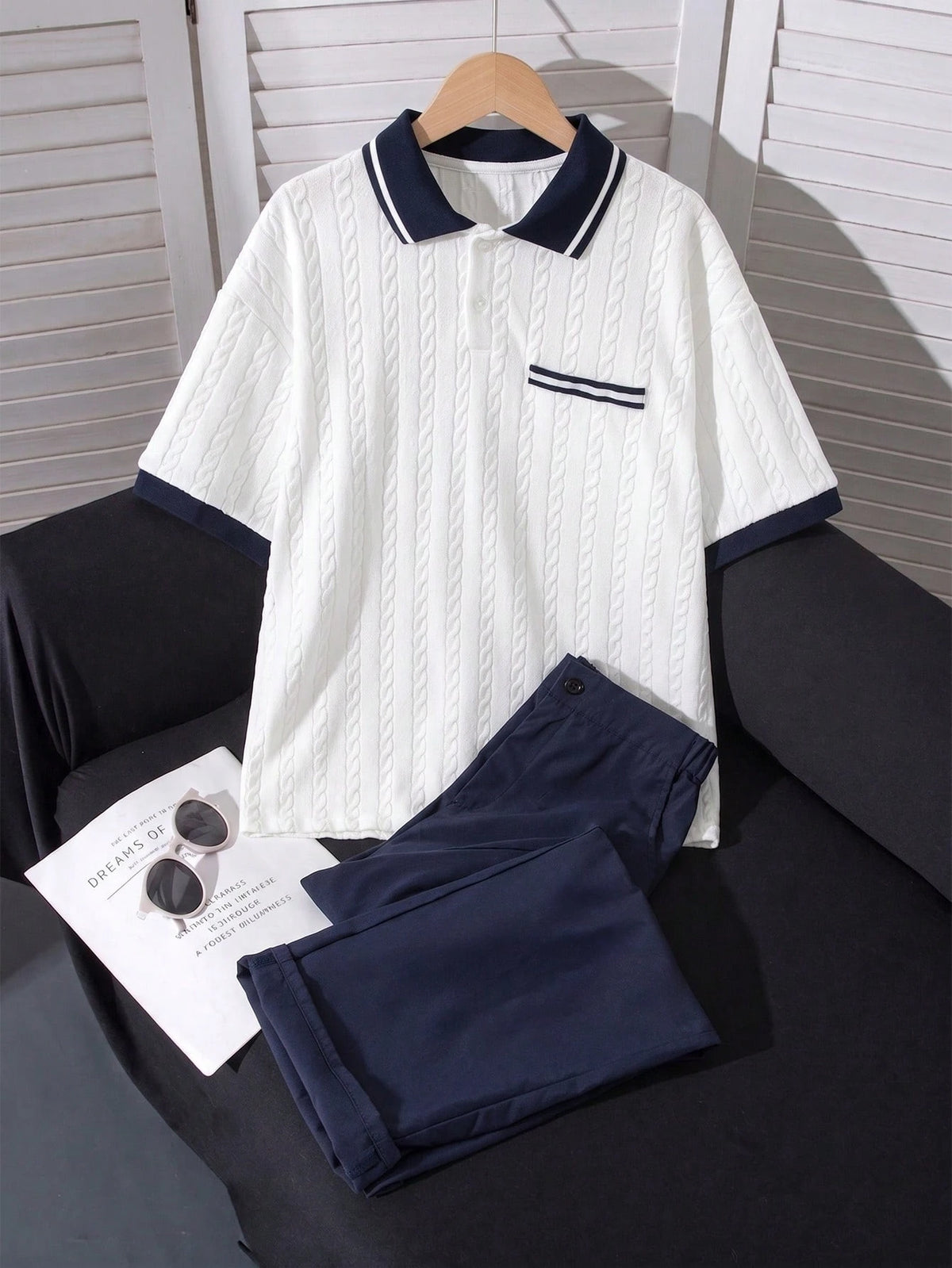 Teen Boys 2 Pieces Outfit, Short Sleeve Polo With All-Over 3D Cable Knit Texture, Ribbed Collar Cuffs, Pocket, Navy Blue Straight Leg Pants, Summer