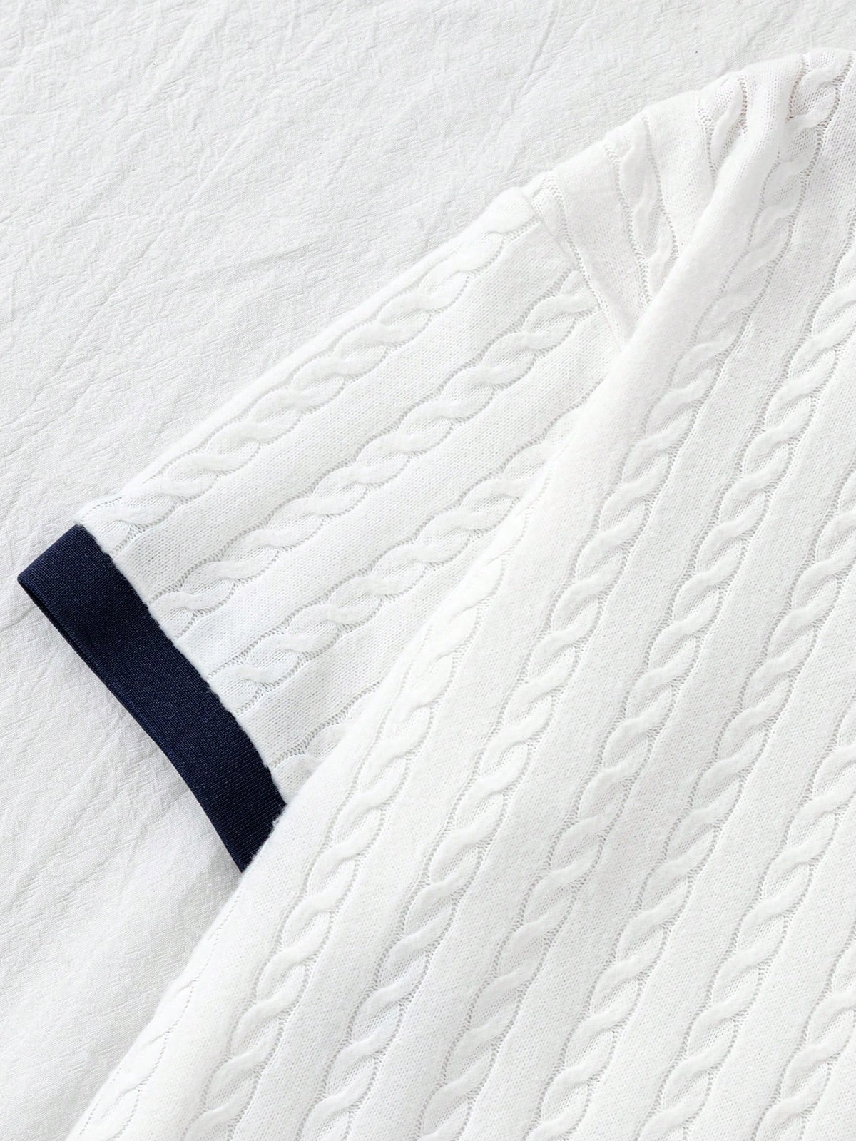 Teen Boys 2 Pieces Outfit, Short Sleeve Polo With All-Over 3D Cable Knit Texture, Ribbed Collar Cuffs, Pocket, Navy Blue Straight Leg Pants, Summer