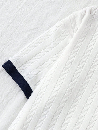 Teen Boys 2 Pieces Outfit, Short Sleeve Polo With All-Over 3D Cable Knit Texture, Ribbed Collar Cuffs, Pocket, Navy Blue Straight Leg Pants, Summer