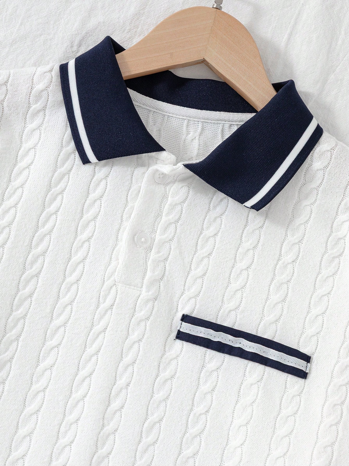 Teen Boys 2 Pieces Outfit, Short Sleeve Polo With All-Over 3D Cable Knit Texture, Ribbed Collar Cuffs, Pocket, Navy Blue Straight Leg Pants, Summer