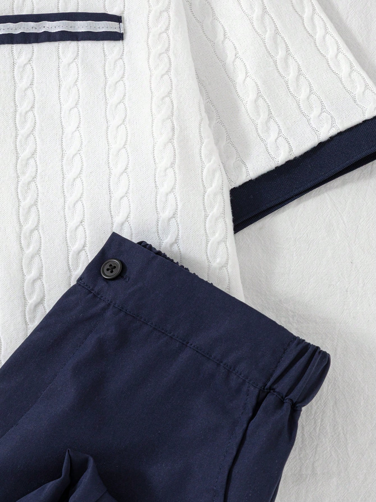 Teen Boys 2 Pieces Outfit, Short Sleeve Polo With All-Over 3D Cable Knit Texture, Ribbed Collar Cuffs, Pocket, Navy Blue Straight Leg Pants, Summer