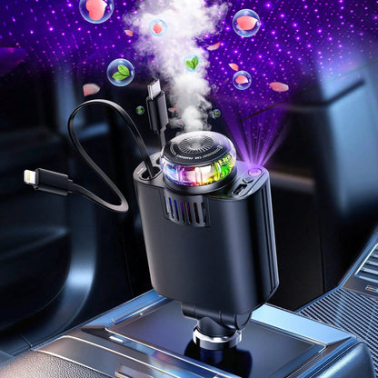 Three-In-One Multifunctional Car Charger- Perfume Machine, Purple Starry Sky Ceiling Light, Dual 80cm/32inch Retractable Cable, Durable, Air Freshener Car Perfume Auto Fragrance- Great Atmosphere