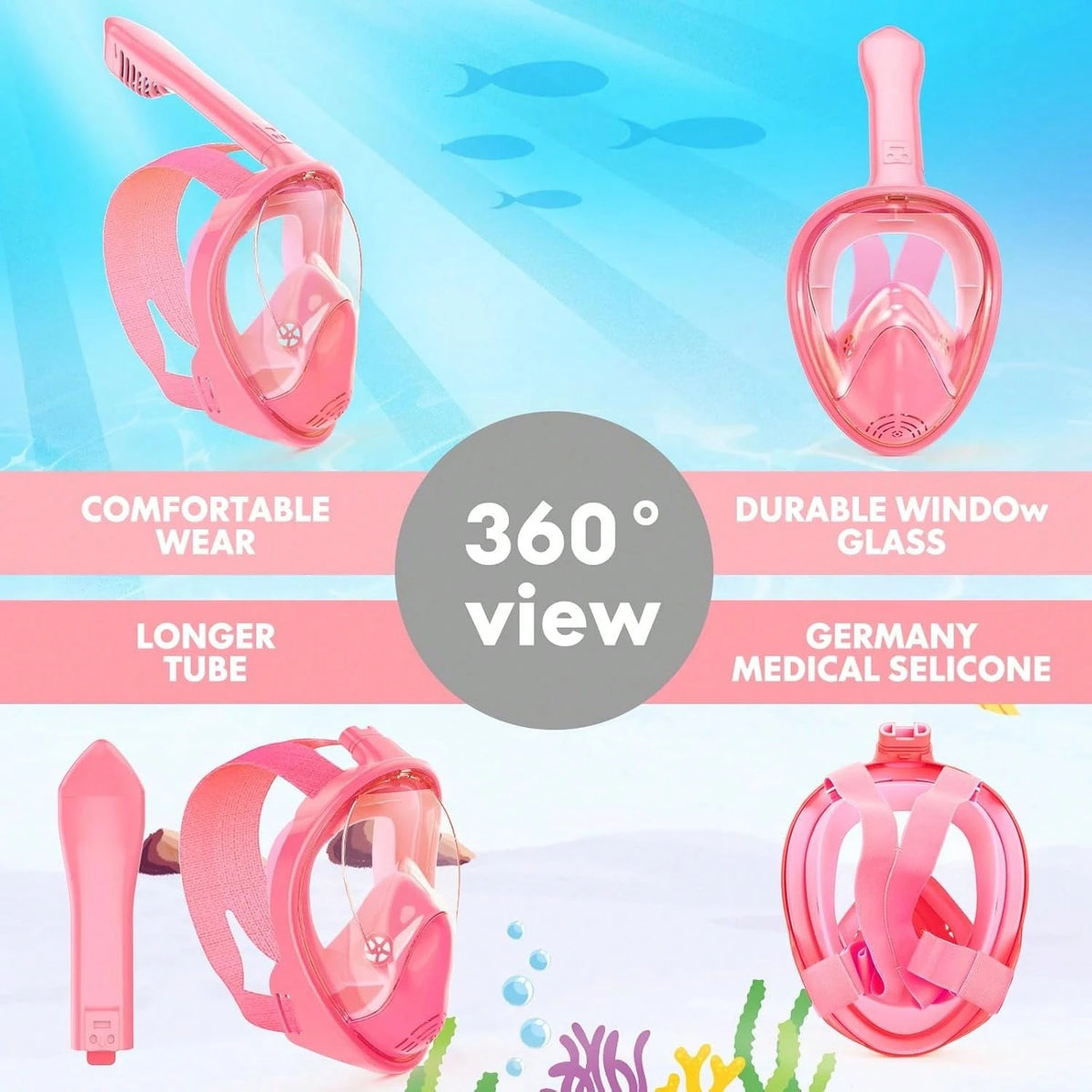THREE SNOWMEN New Pink 180° Panoramic Kids' Diving Mask- Anti-Fog & Leak-Proof- The Ultimate Snorkeling Gear For Ages 3–14- Outdoor Diving Set, Back To School