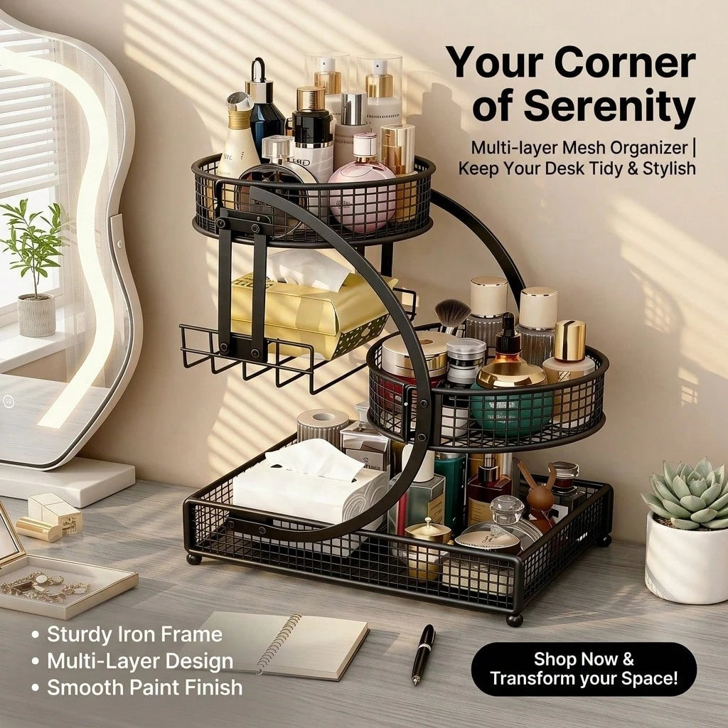 Three-Tier Lightweight Metal Cosmetic Organizer With Round Basket| Rust-Proof, Space-Saving Vanity Storage For Lipsticks, Perfumes, Skincare. Ideal Gift For Women/Girls, Durable Stylish Metal Finish