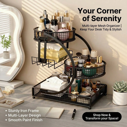 Three-Tier Lightweight Metal Cosmetic Organizer With Round Basket| Rust-Proof, Space-Saving Vanity Storage For Lipsticks, Perfumes, Skincare. Ideal Gift For Women/Girls, Durable Stylish Metal Finish