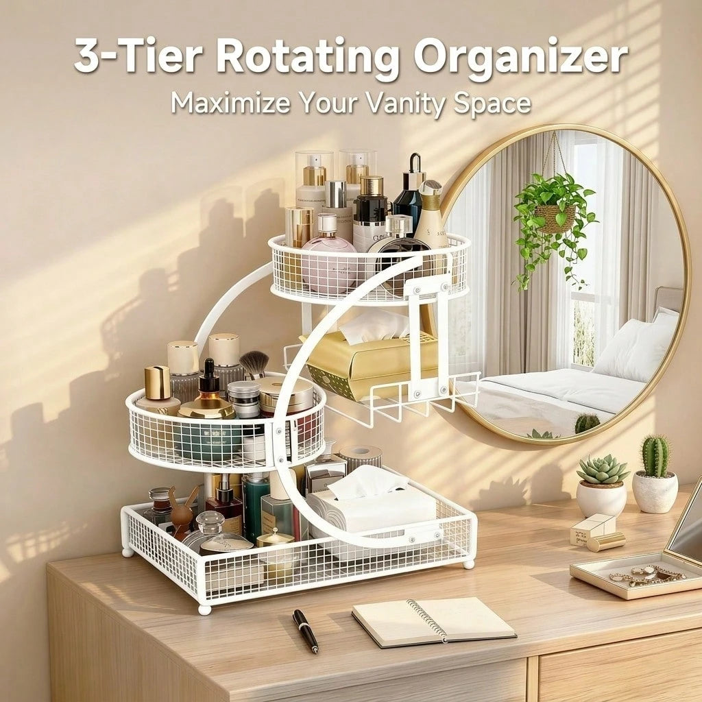 Three-Tier Lightweight Metal Cosmetic Organizer With Round Basket| Rust-Proof, Space-Saving Vanity Storage For Lipsticks, Perfumes, Skincare. Ideal Gift For Women/Girls, Durable Stylish Metal Finish