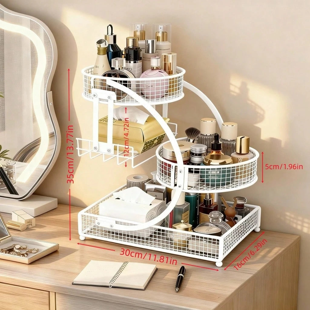 Three-Tier Lightweight Metal Cosmetic Organizer With Round Basket| Rust-Proof, Space-Saving Vanity Storage For Lipsticks, Perfumes, Skincare. Ideal Gift For Women/Girls, Durable Stylish Metal Finish
