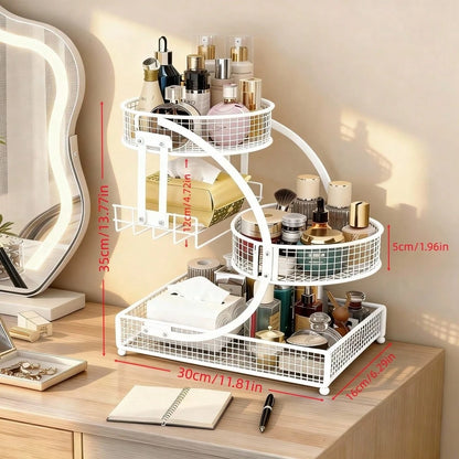 Three-Tier Lightweight Metal Cosmetic Organizer With Round Basket| Rust-Proof, Space-Saving Vanity Storage For Lipsticks, Perfumes, Skincare. Ideal Gift For Women/Girls, Durable Stylish Metal Finish