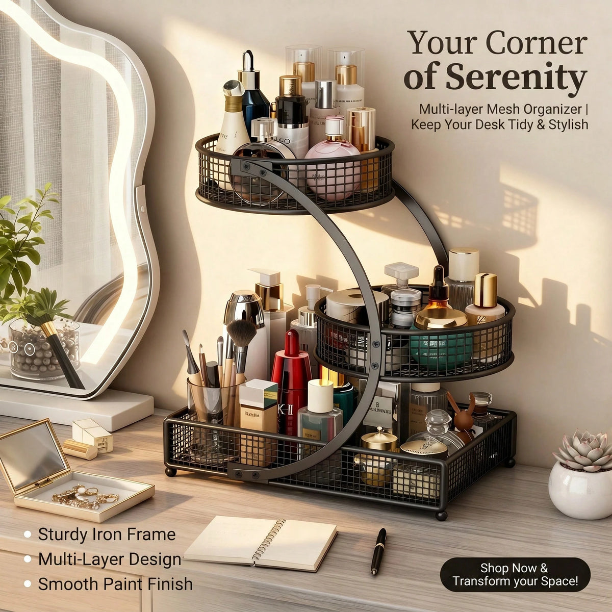 Three-Tier Lightweight Metal Cosmetic Organizer With Round Basket| Rust-Proof, Space-Saving Vanity Storage For Lipsticks, Perfumes, Skincare. Ideal Gift For Women/Girls, Durable Stylish Metal Finish