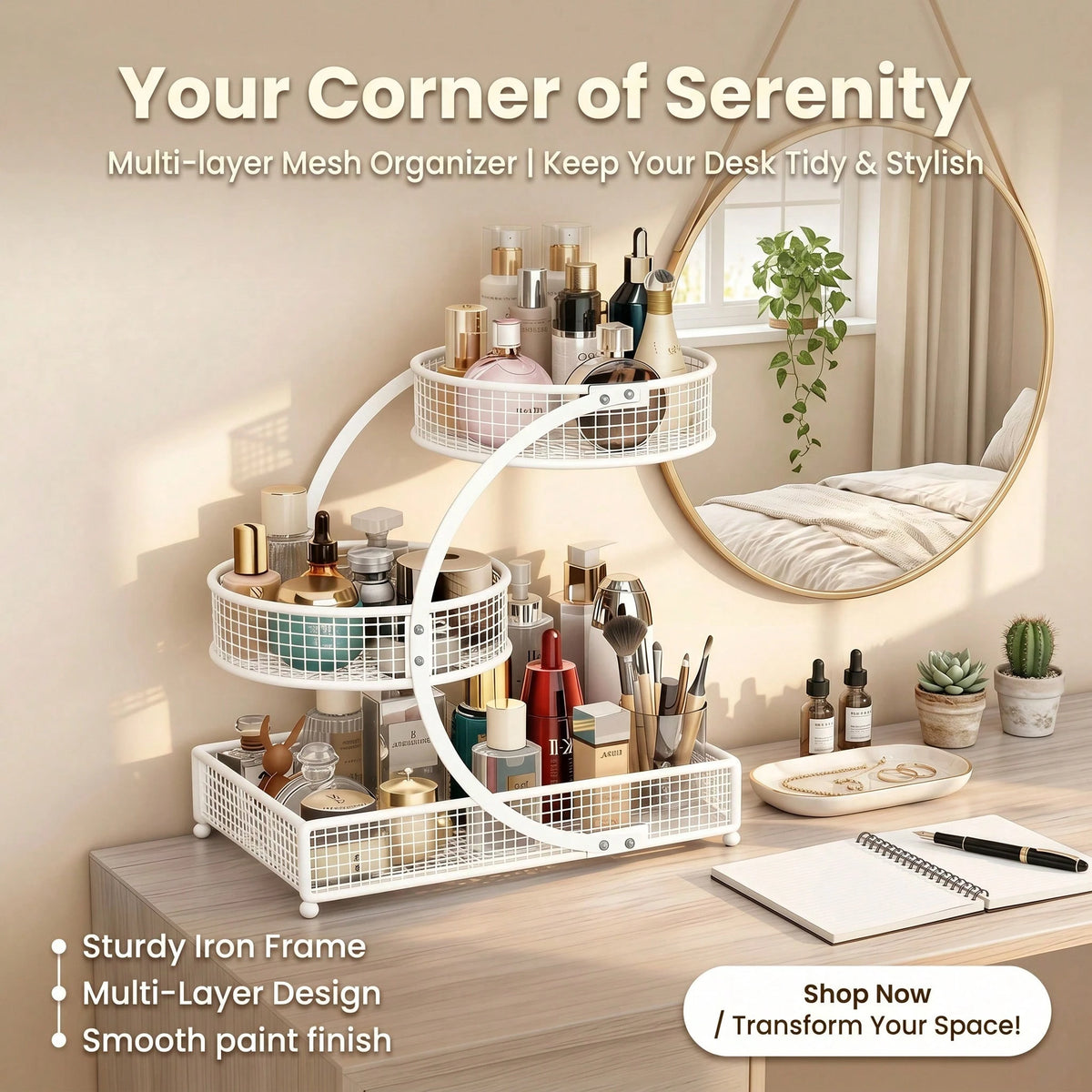Three-Tier Lightweight Metal Cosmetic Organizer With Round Basket| Rust-Proof, Space-Saving Vanity Storage For Lipsticks, Perfumes, Skincare. Ideal Gift For Women/Girls, Durable Stylish Metal Finish