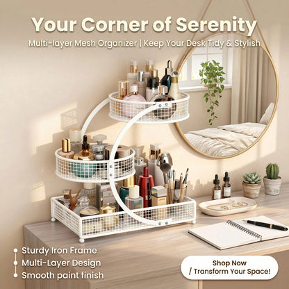 Three-Tier Lightweight Metal Cosmetic Organizer With Round Basket| Rust-Proof, Space-Saving Vanity Storage For Lipsticks, Perfumes, Skincare. Ideal Gift For Women/Girls, Durable Stylish Metal Finish