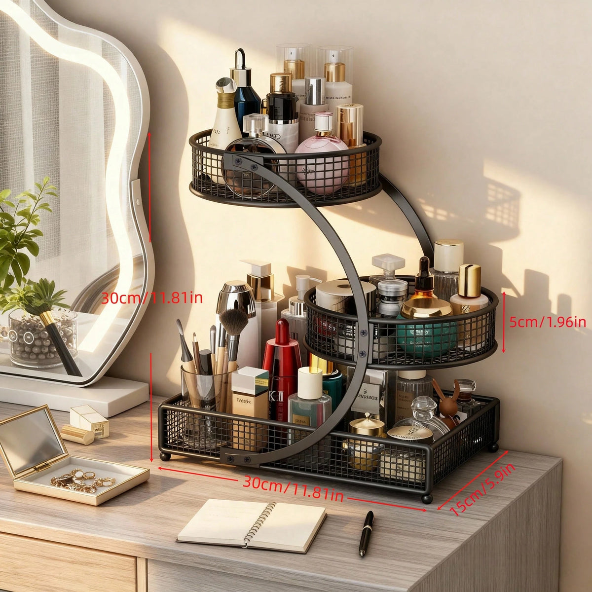 Three-Tier Lightweight Metal Cosmetic Organizer With Round Basket| Rust-Proof, Space-Saving Vanity Storage For Lipsticks, Perfumes, Skincare. Ideal Gift For Women/Girls, Durable Stylish Metal Finish