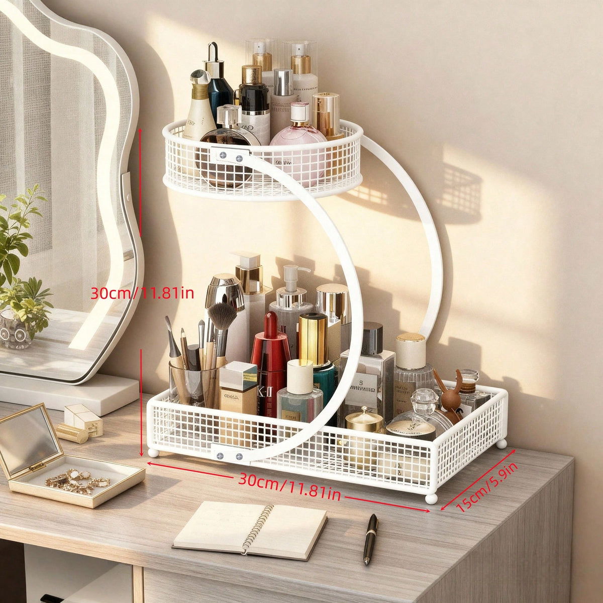 Three-Tier Lightweight Metal Cosmetic Organizer With Round Basket| Rust-Proof, Space-Saving Vanity Storage For Lipsticks, Perfumes, Skincare. Ideal Gift For Women/Girls, Durable Stylish Metal Finish