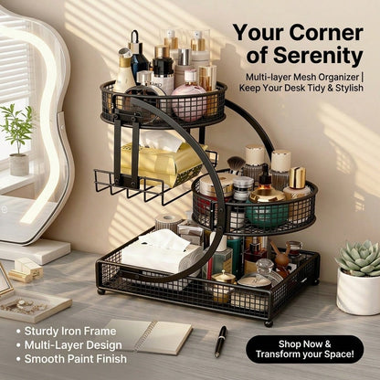 Three-Tier Lightweight Metal Cosmetic Organizer With Round Basket| Rust-Proof, Space-Saving Vanity Storage For Lipsticks, Perfumes, Skincare. Ideal Gift For Women/Girls, Durable Stylish Metal Finish