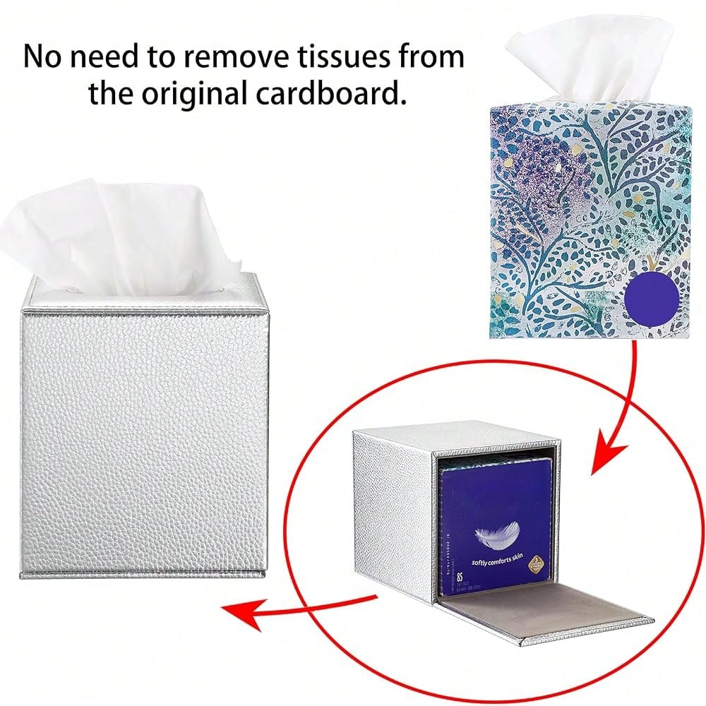 Tissue Box Cover Square Tissue Box Stylish PU Tissue Box Holder With Magnetic Bottom, Leather Cube Tissue Cover For Living Room Bathroo