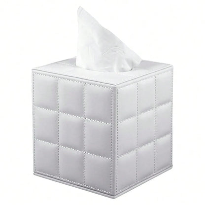 Tissue Box Cover Square,Stylish PU Leather Tissue Box Holder For Dresser Bathroom,Facial Tissue Holder With Magnetic Bottom For Home Office (White)