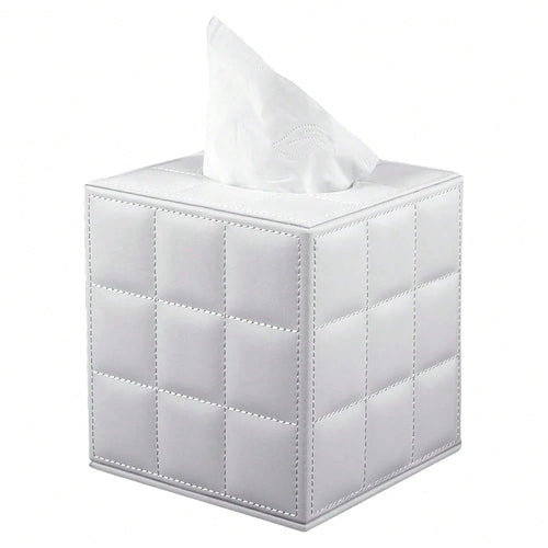 Tissue Box Cover Square,Stylish PU Leather Tissue Box Holder For Dresser Bathroom,Facial Tissue Holder With Magnetic Bottom For Home Office (White)