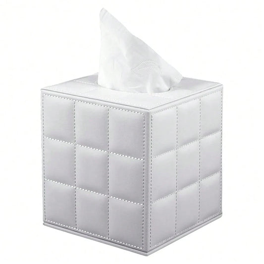 Tissue Box Cover Square,Stylish PU Leather Tissue Box Holder For Dresser Bathroom,Facial Tissue Holder With Magnetic Bottom For Home Office (White)