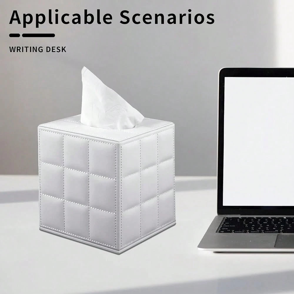 Tissue Box Cover Square,Stylish PU Leather Tissue Box Holder For Dresser Bathroom,Facial Tissue Holder With Magnetic Bottom For Home Office (White)